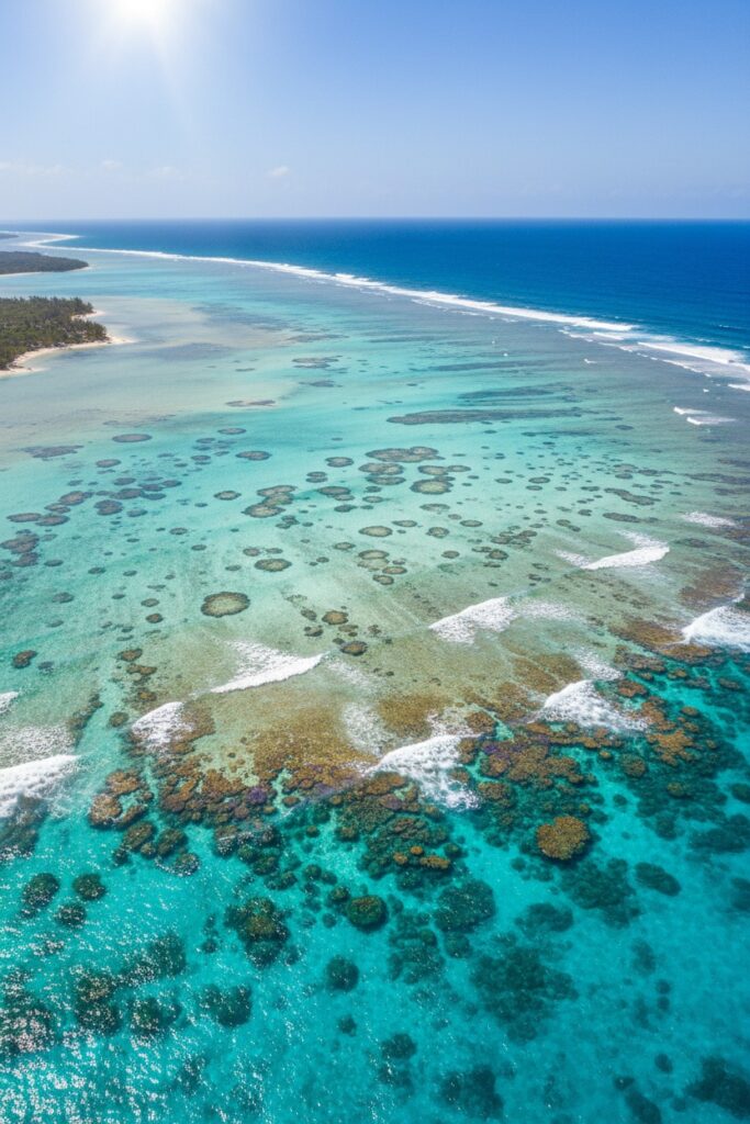 Aerial view of a vibrant coral reef in shallow turquoise water next to a tropical coastline.