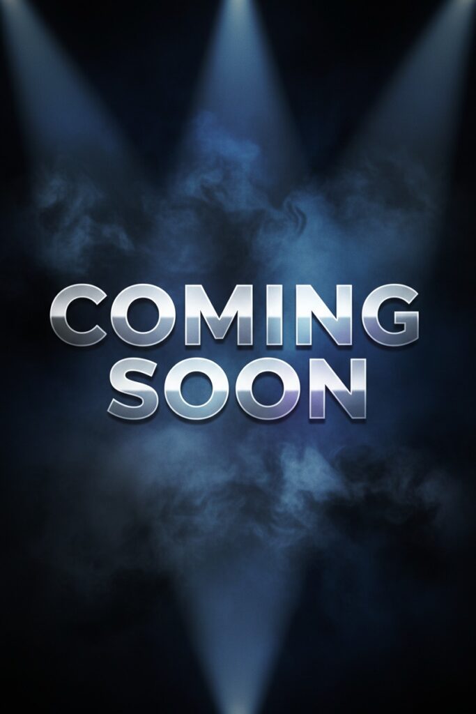 The words "COMING SOON" in metallic silver lettering appear against a dark, smoky background illuminated by three spotlights.